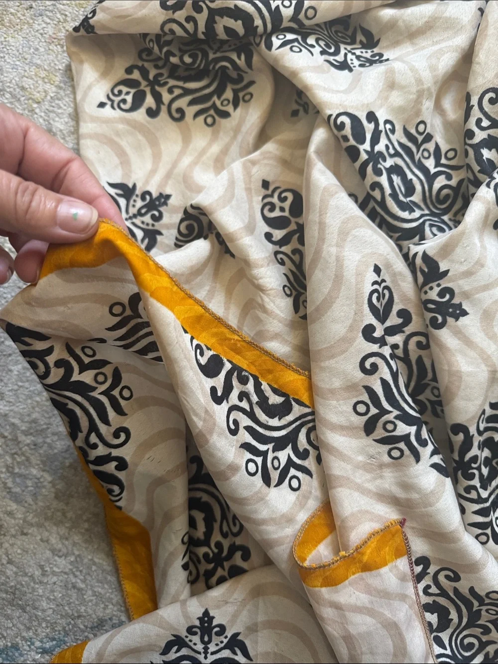 Cream and Black Printed Silk Scarf with Mustard Trim